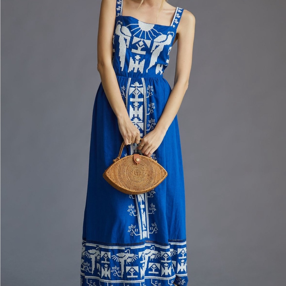 Farm Rio Blue Square Neck Embroidered Midi Dress XL NWT